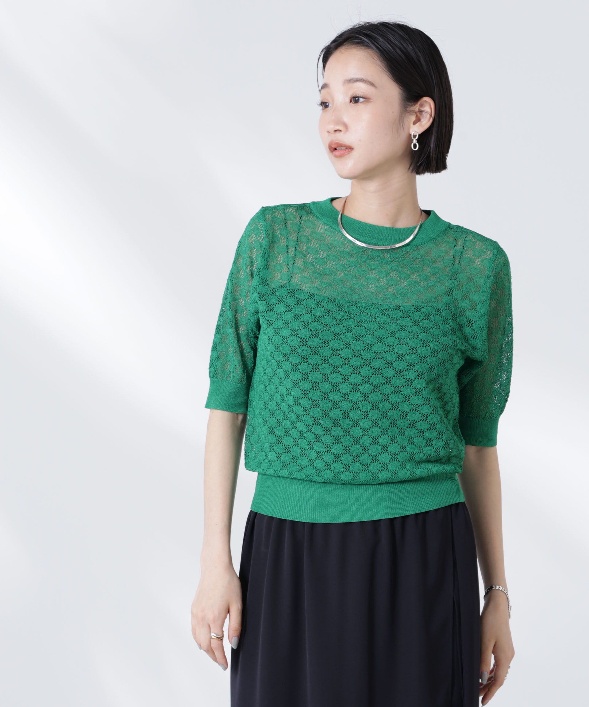 nano･universe「レース柄クルーネック半袖ニット」|ニット・セーター|