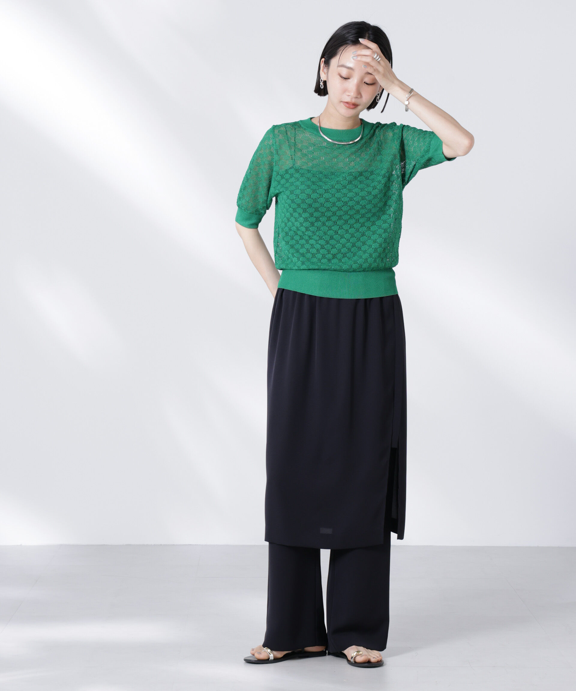 nano･universe「レース柄クルーネック半袖ニット」|ニット・セーター|