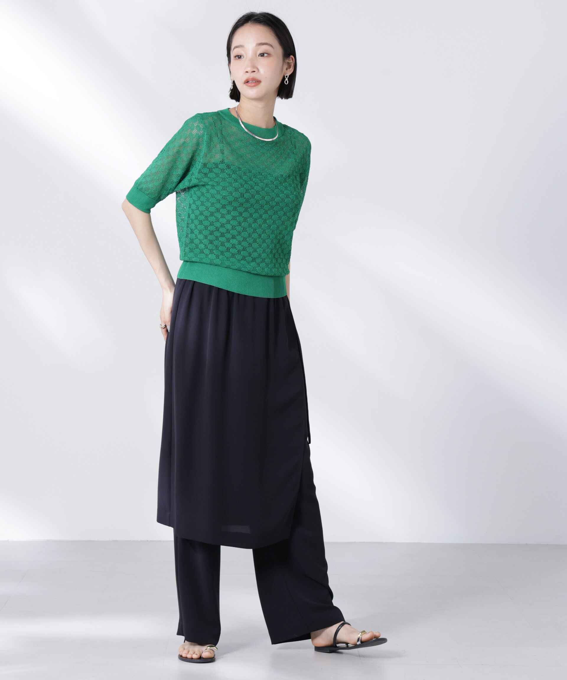 nano･universe「レース柄クルーネック半袖ニット」|ニット・セーター|