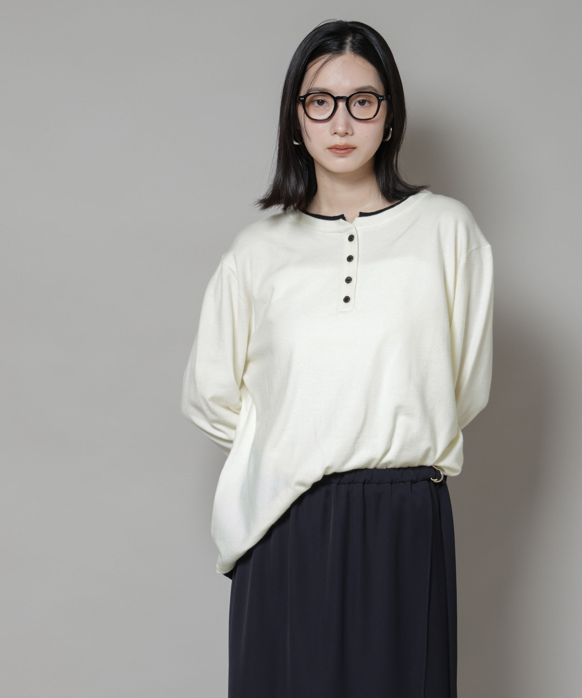 nano･universe「レイヤード風バイカラーヘンリーネックニット」|ニット・セーター|