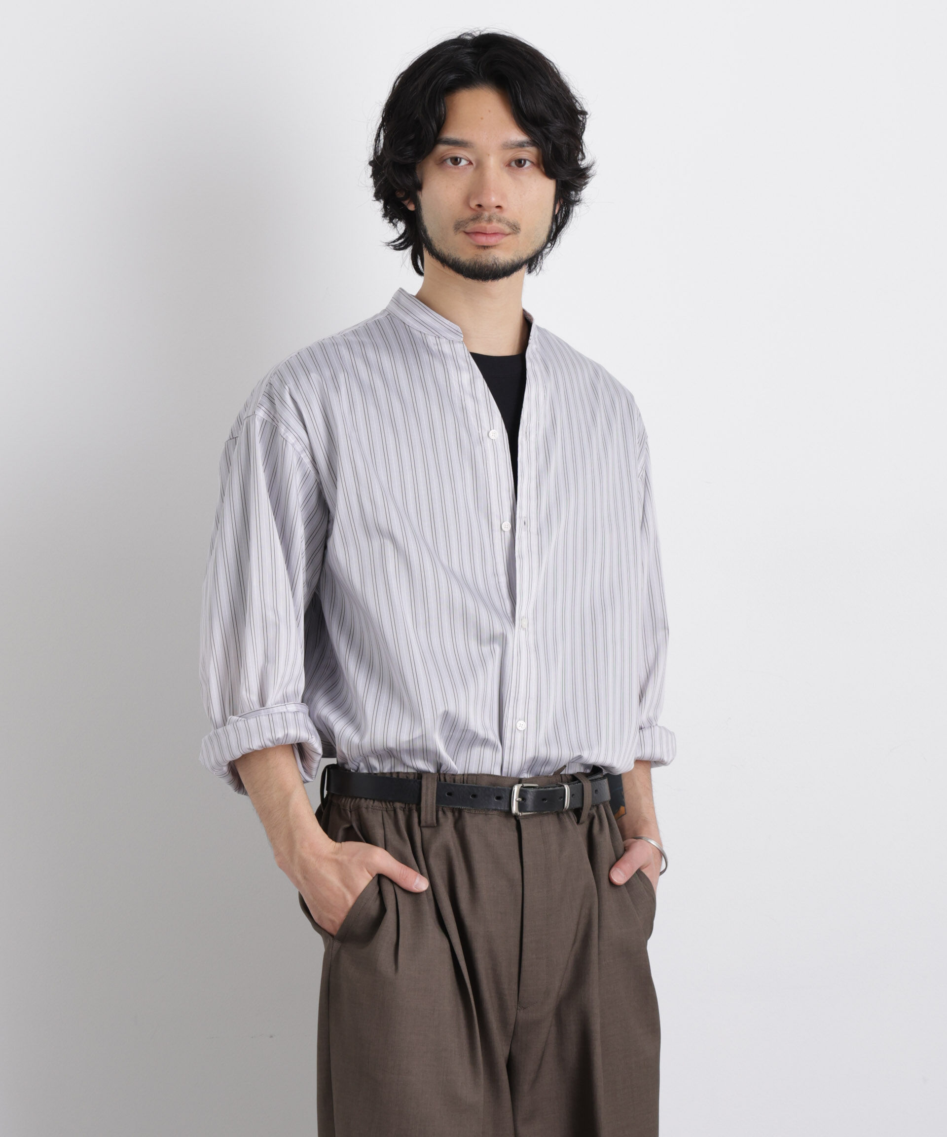 nano･universe「「OtoNANO」大人のワイドシャツバンドカラー ストライプ長袖」|シャツ・ブラウス|L.グレー1