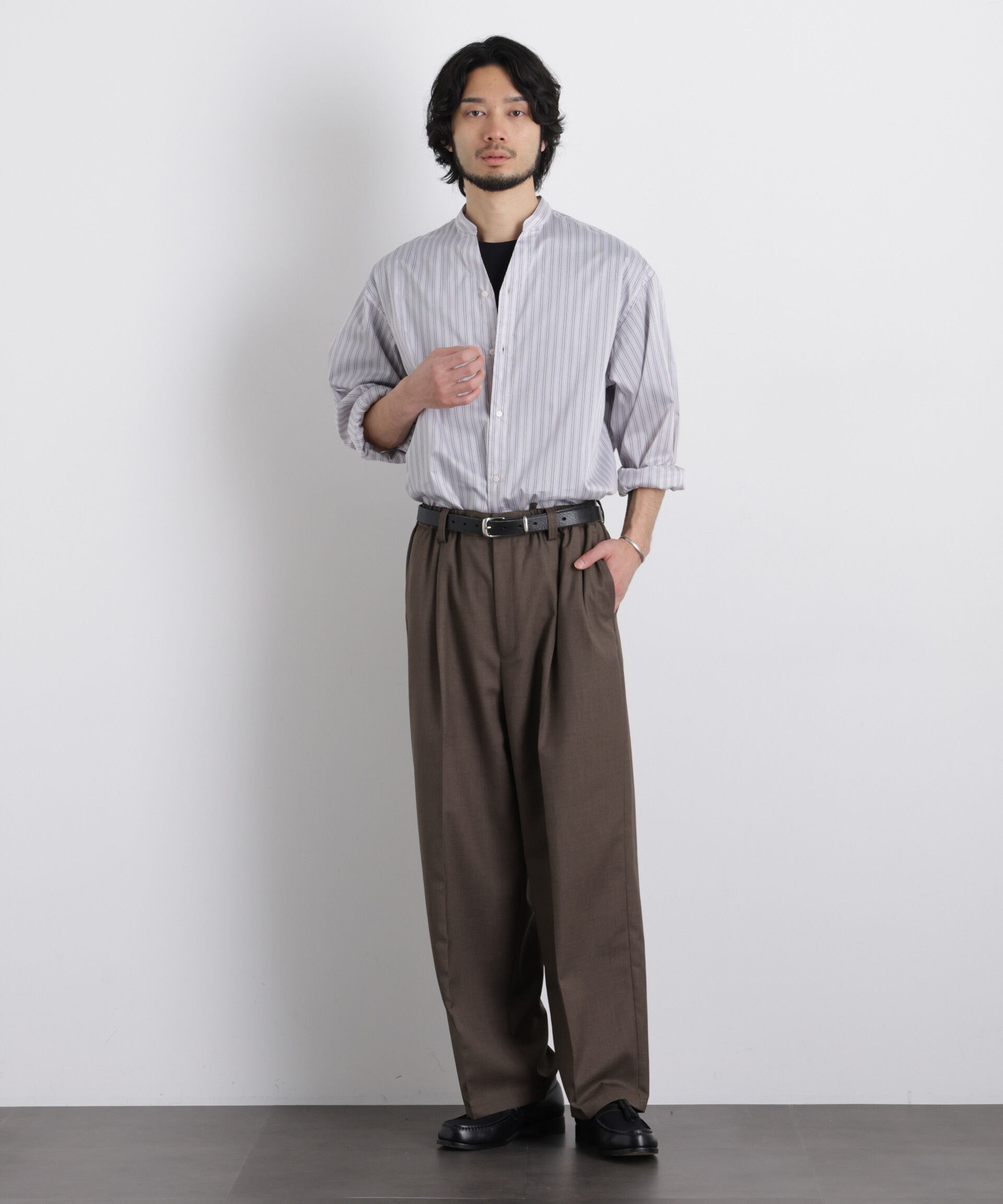 nano･universe「「OtoNANO」大人のワイドシャツバンドカラー ストライプ長袖」|シャツ・ブラウス|