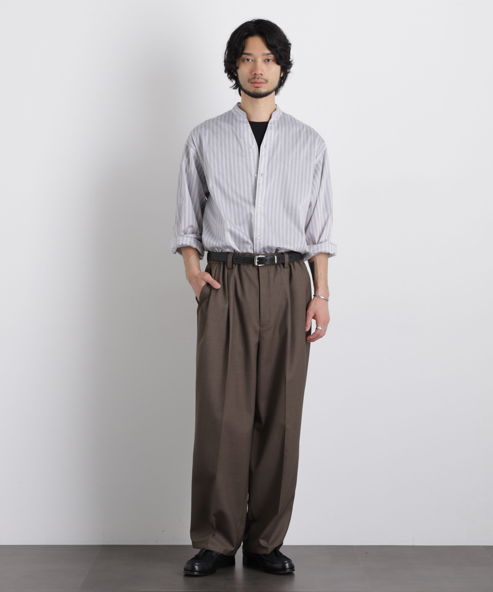 nano･universe「「OtoNANO」大人のワイドシャツバンドカラー ストライプ長袖」|シャツ・ブラウス|