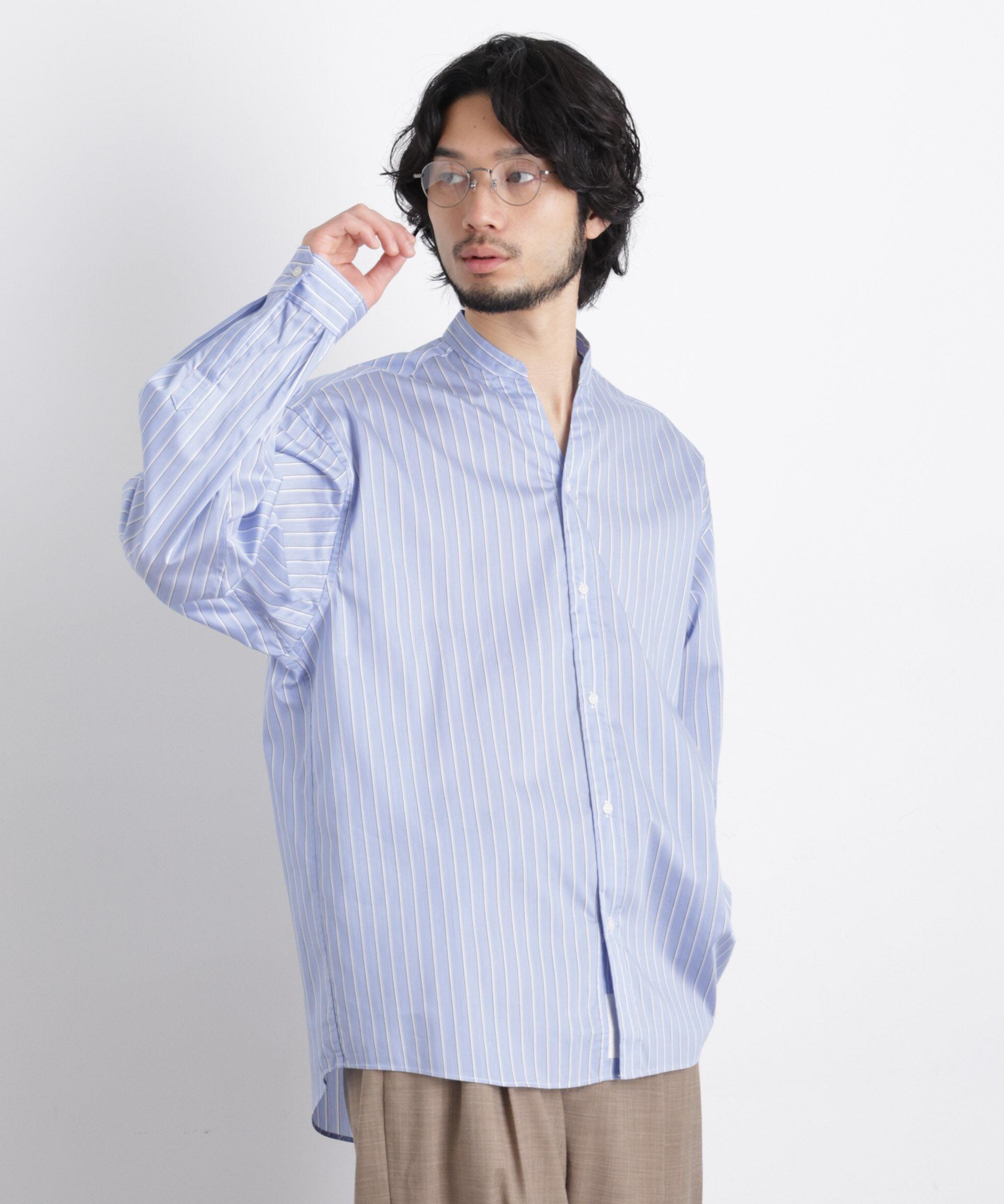 nano･universe「「OtoNANO」大人のワイドシャツバンドカラー ストライプ長袖」|シャツ・ブラウス|サックス5