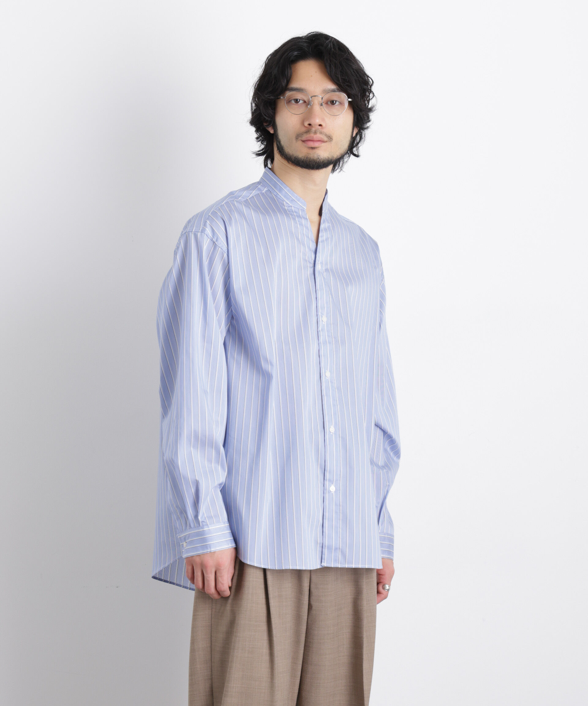 nano･universe「「OtoNANO」大人のワイドシャツバンドカラー ストライプ長袖」|シャツ・ブラウス|