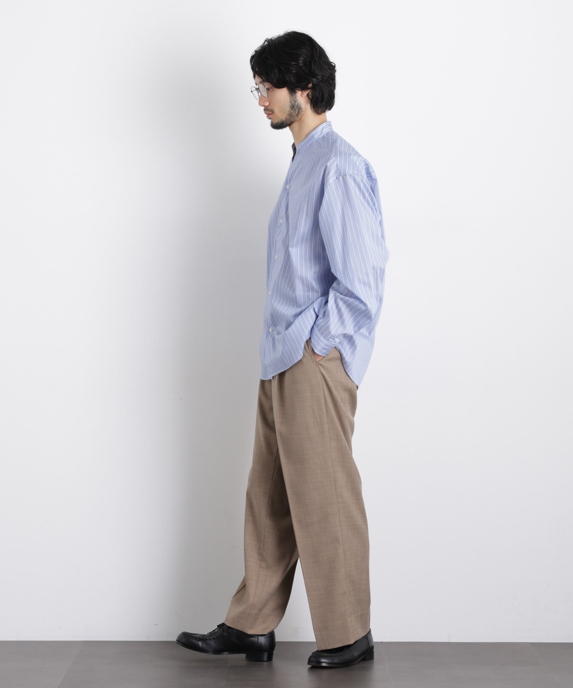 nano･universe「「OtoNANO」大人のワイドシャツバンドカラー ストライプ長袖」|シャツ・ブラウス|