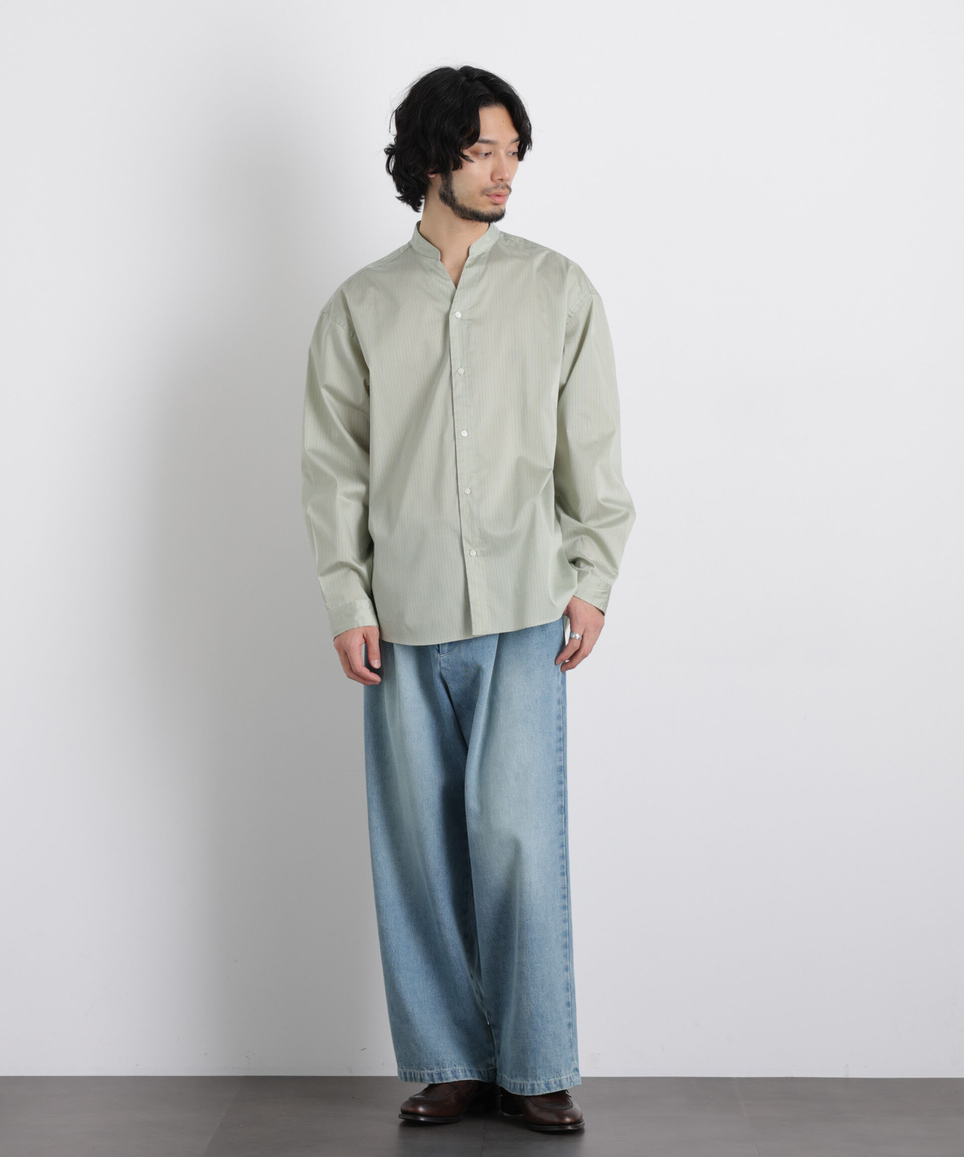 nano･universe「「OtoNANO」大人のワイドシャツバンドカラー ストライプ長袖」|シャツ・ブラウス|