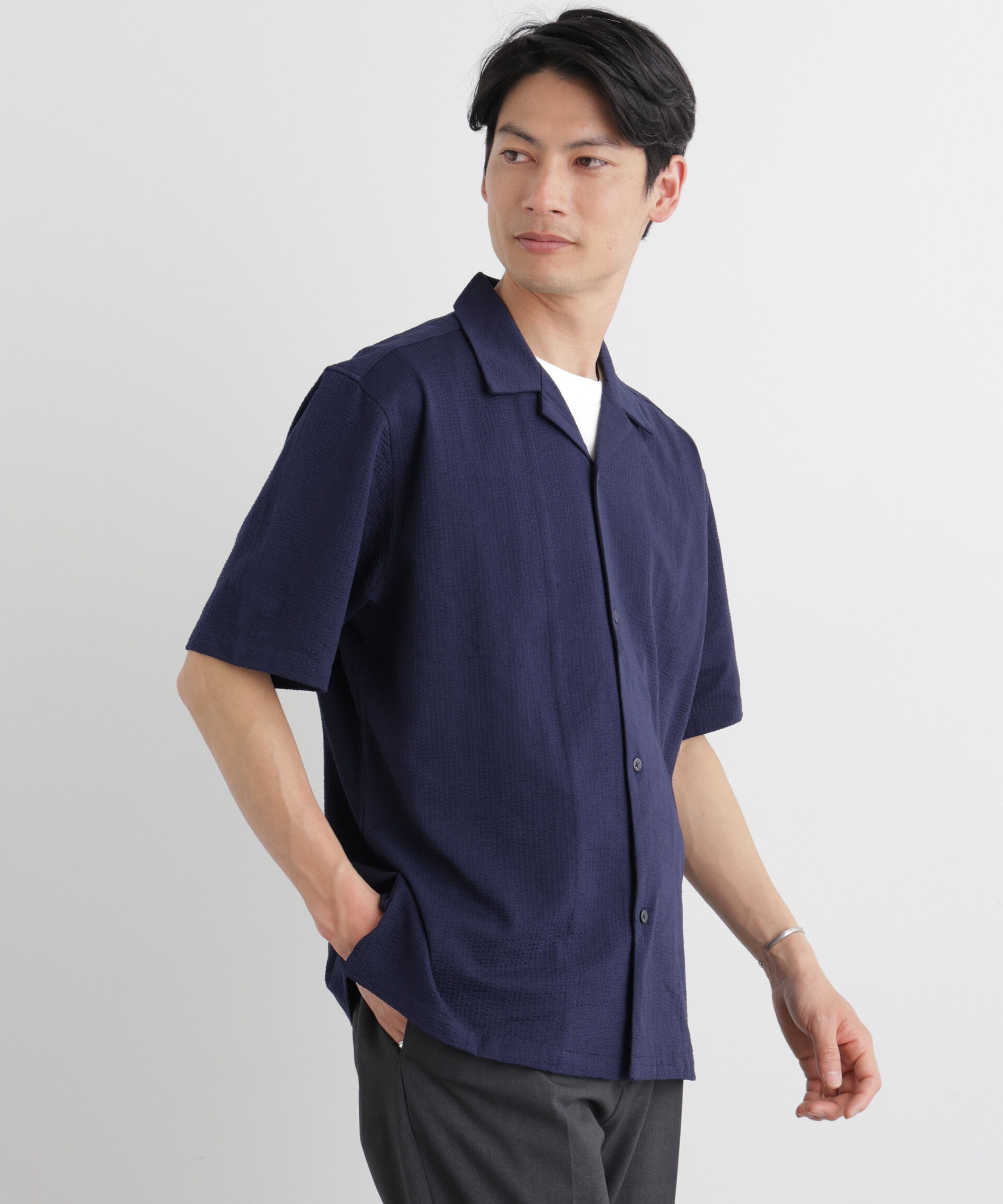 nano･universe「シルケットサッカーシャツ 半袖」|シャツ・ブラウス|ネイビー