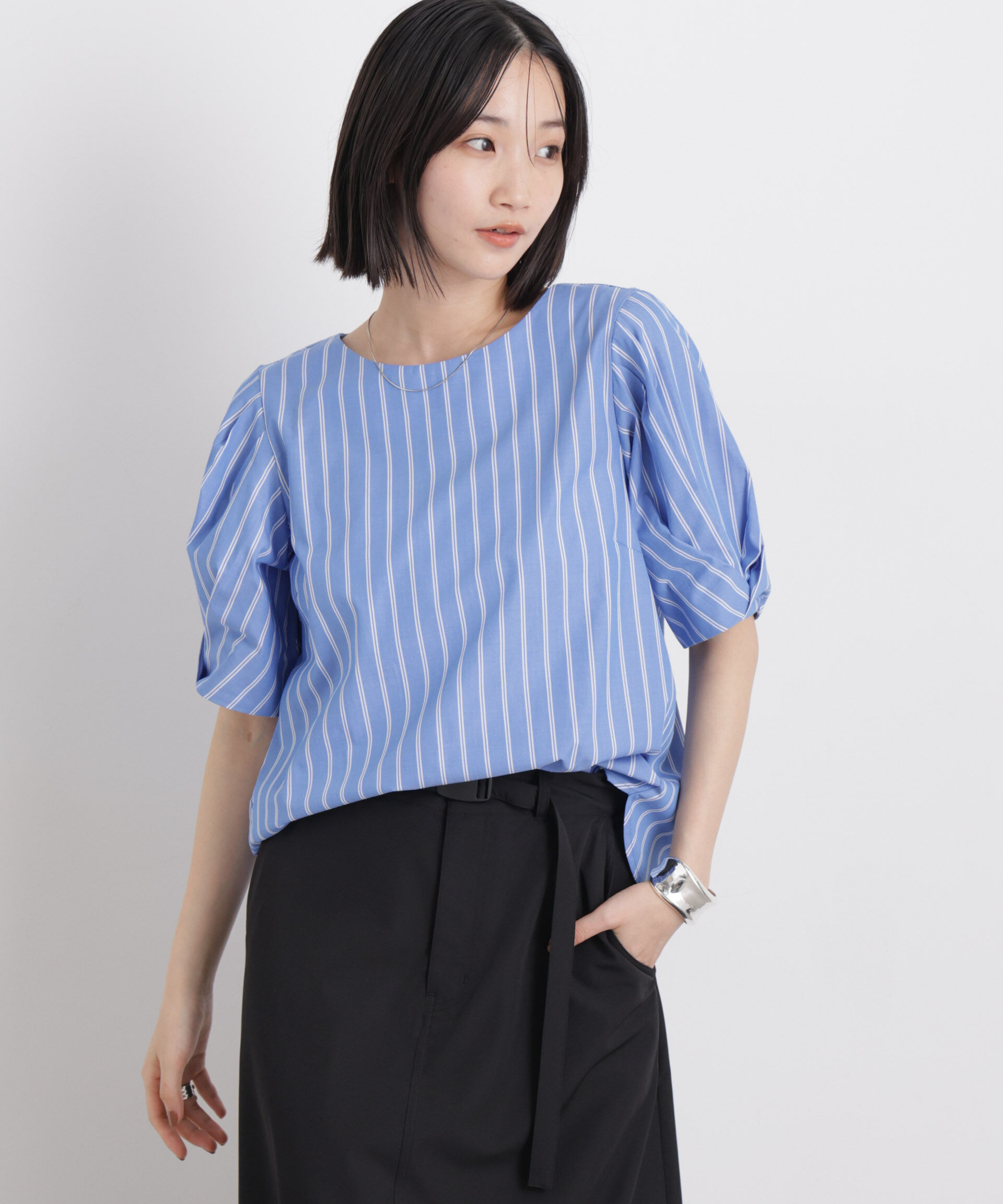 nano･universe「変形スリーブプルオーバーブラウス」|シャツ・ブラウス|ブルー