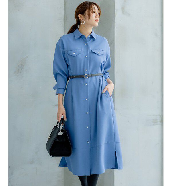 組曲「【サッシュベルト付き】パールボタンシャツワンピース」|ワンピース|ブルー系
