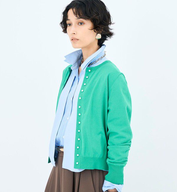 NOLLEY'S「《手洗い可能》コットンテックスクルーネックカーディガン」|カーディガン|グリーン