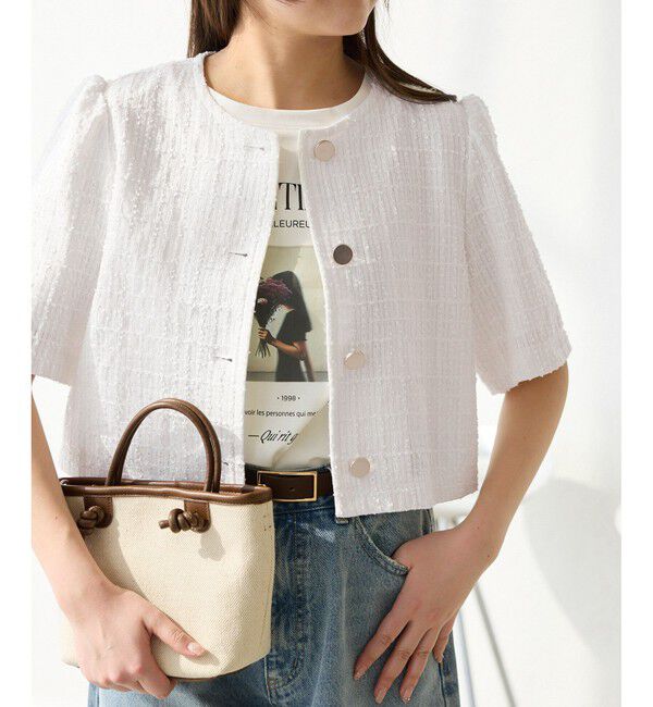 Rope&rsquo;Picnic「【サマー・ツイード】金ボタンカーディジャケット」|ノーカラージャケット|ホワイト(10)