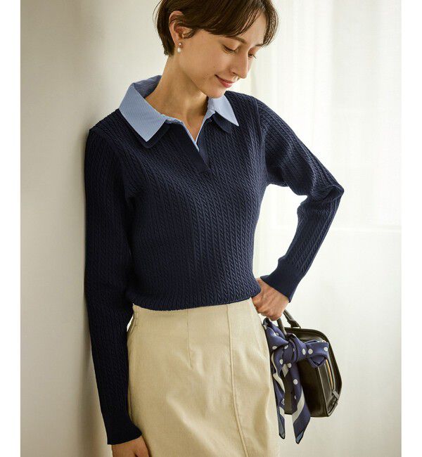 Rope&rsquo;Picnic「ダブルカラーミニケーブルニット」|ニット・セーター|ネイビー(40)