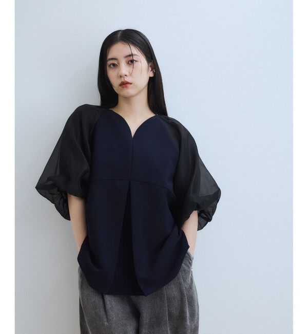 ADAM ET ROPE'「【WEB限定】シアーパフスリーブブラウス」|シャツ・ブラウス|ネイビー(40)
