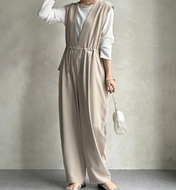  「【WEB限定/オケージョン対応】ペプラムオールインワン」|ワンピース|ベージュ