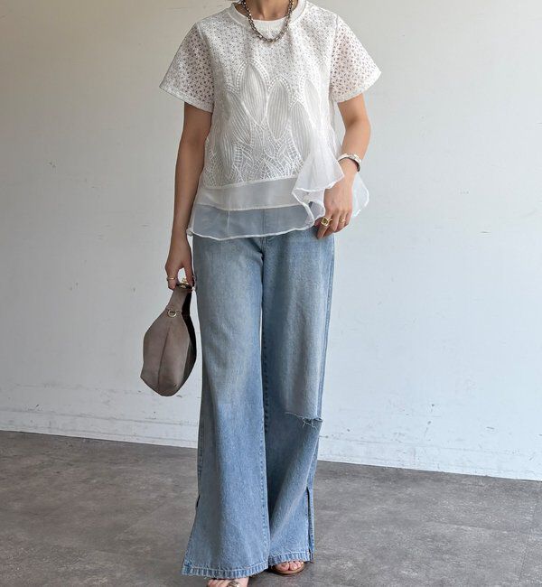  「【WEB限定】レース&times;オーガンジーフリルプルオーバー」|Tシャツ・カットソー|