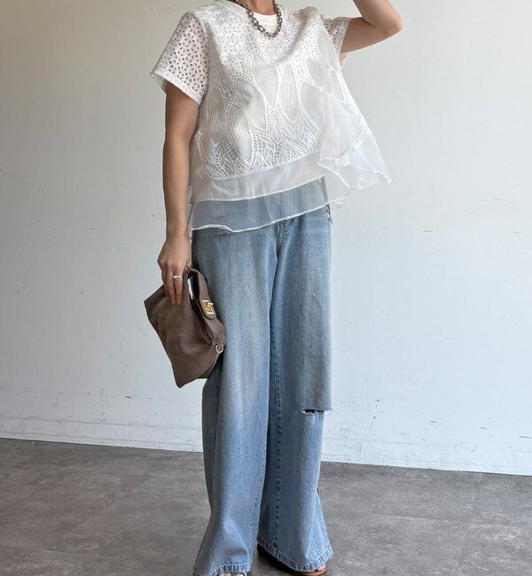  「【WEB限定】レース&times;オーガンジーフリルプルオーバー」|Tシャツ・カットソー|