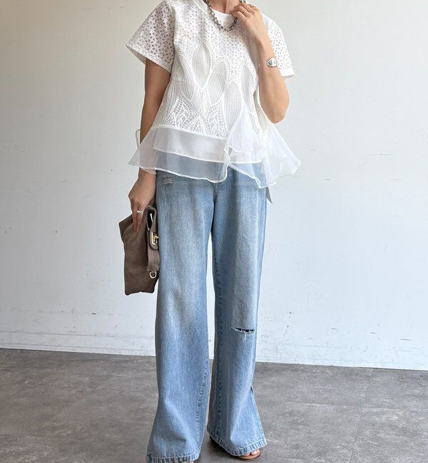  「【WEB限定】レース&times;オーガンジーフリルプルオーバー」|Tシャツ・カットソー|