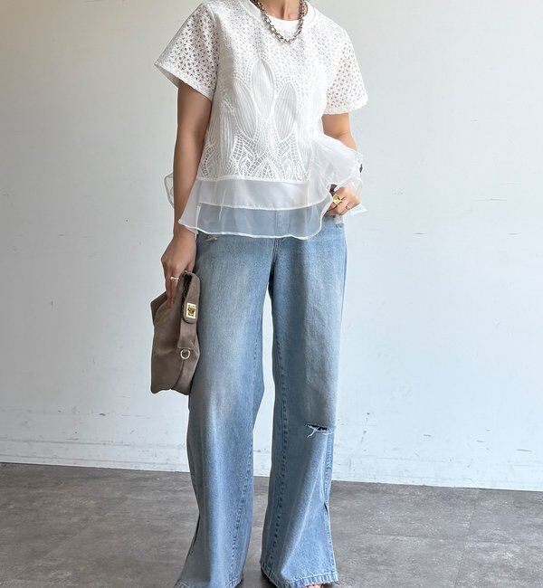  「【WEB限定】レース&times;オーガンジーフリルプルオーバー」|Tシャツ・カットソー|