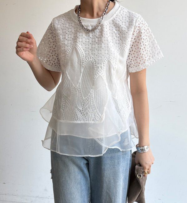  「【WEB限定】レース&times;オーガンジーフリルプルオーバー」|Tシャツ・カットソー|