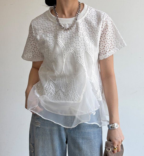  「【WEB限定】レース&times;オーガンジーフリルプルオーバー」|Tシャツ・カットソー|