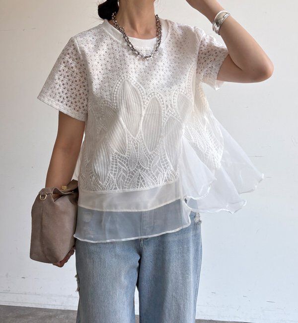  「【WEB限定】レース&times;オーガンジーフリルプルオーバー」|Tシャツ・カットソー|