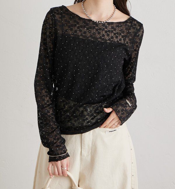  「シャイニーレースロングTシャツ」|Tシャツ・カットソー|ブラック
