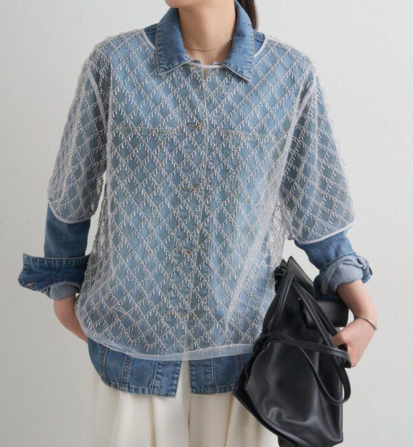  「ビーズシアーハーフスリーブブラウス」|シャツ・ブラウス|オフホワイト