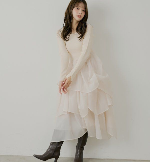  「【SALON by Chico】タックチュールドッキングロングワンピース」|ワンピース|アイボリー