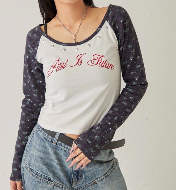  「ワッフルフラワーラグランロゴトップス」|Tシャツ・カットソー|ネイビー