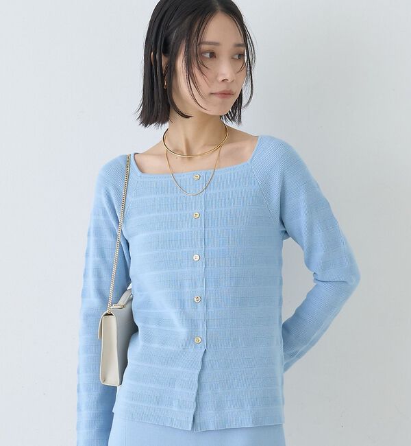 Rouge vif「【セットアップ対応】スクエアネックボーダー柄ニットカーディガン/プルオーバー」|カーディガン|サックスブルー