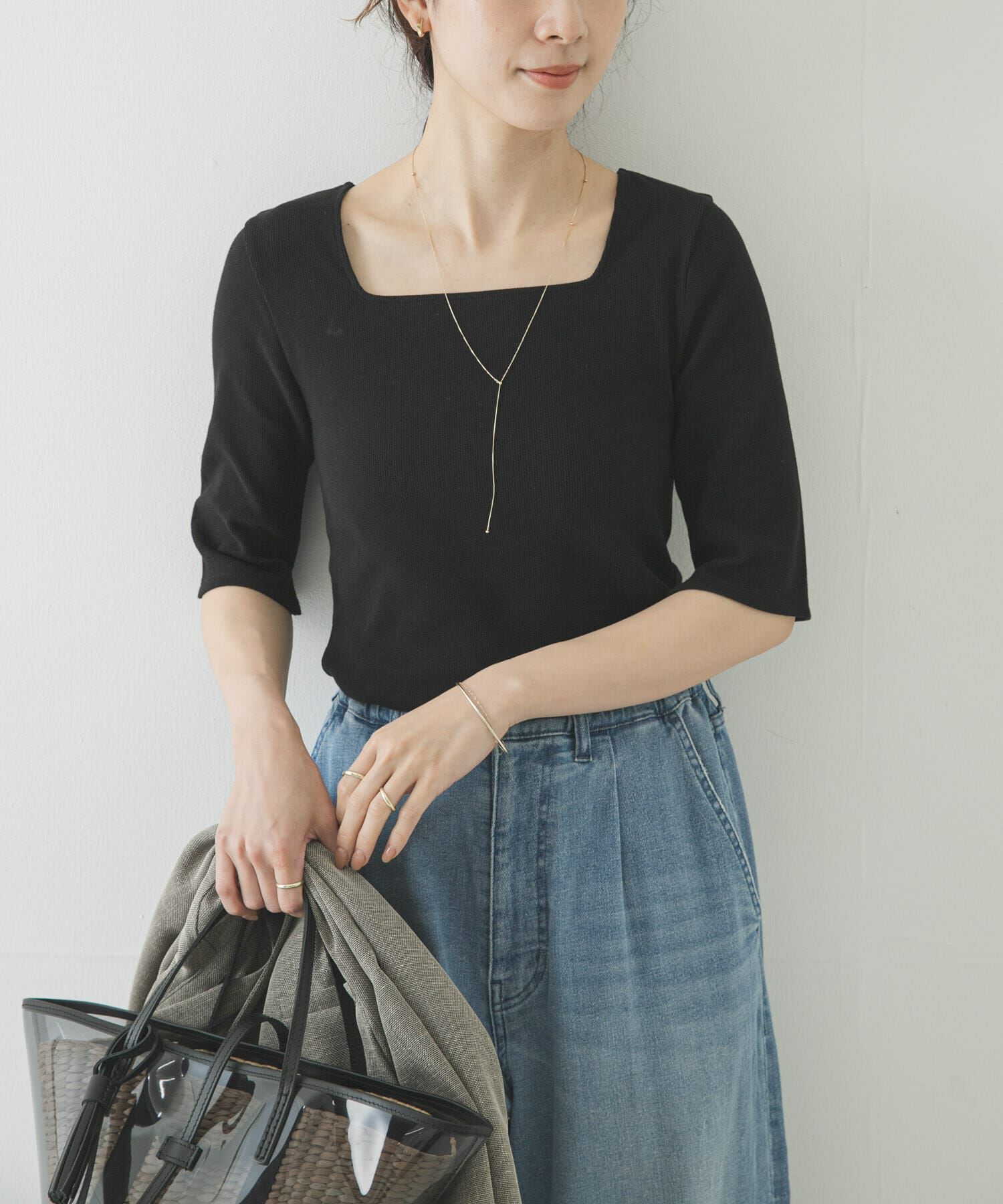 URBAN RESEARCH「5分袖リブカットソー」|Tシャツ・カットソー|ブラック