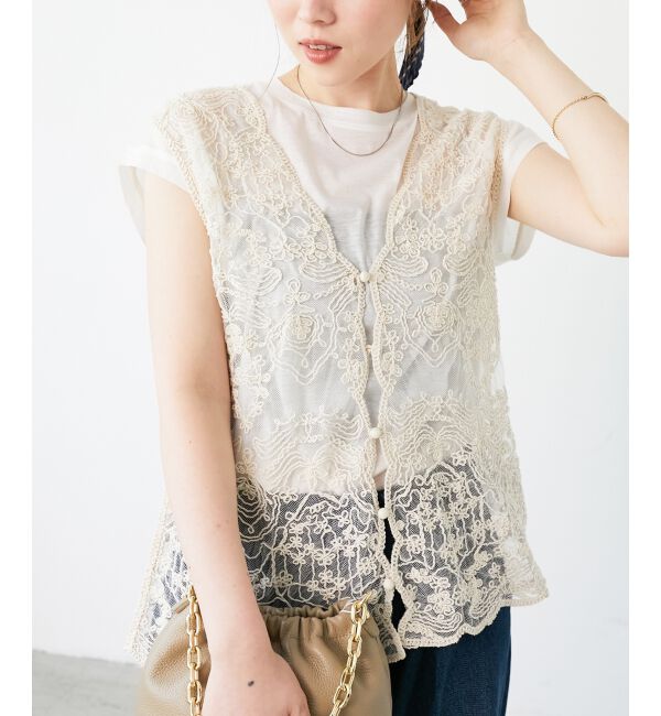 le.coeur blanc「《手洗い可能》TORRAZZO DONNAメッシュレースベスト」|ベスト・ジレ|ベージュ