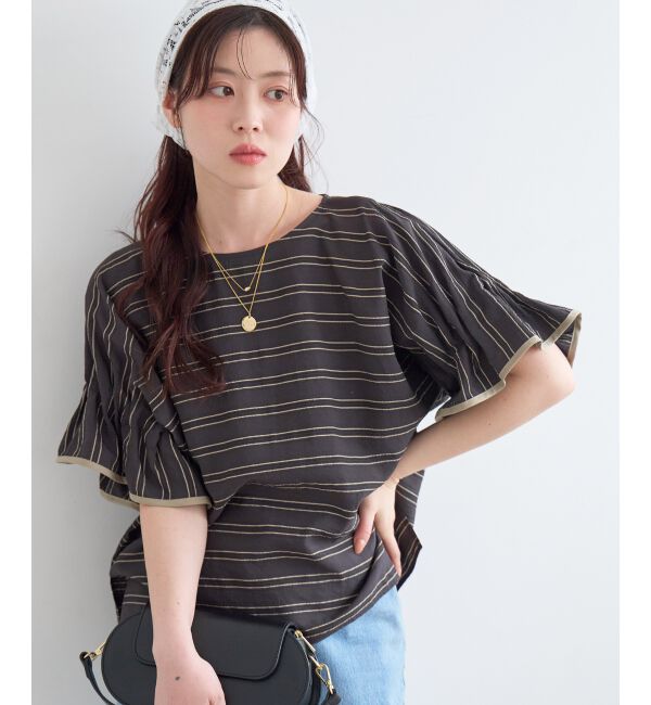  「ドビーボーダーギャザーブラウス」|シャツ・ブラウス|ブラック柄