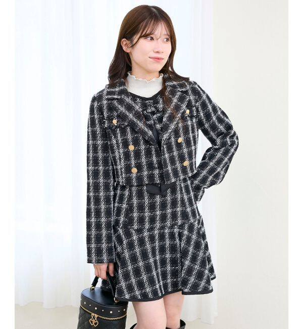  「リボンブローチセットツイードワンピ」|ワンピース|