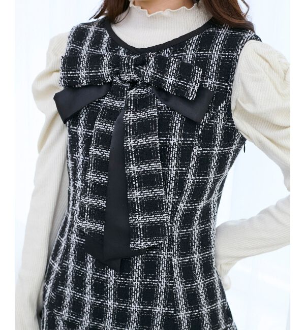  「リボンブローチセットツイードワンピ」|ワンピース|