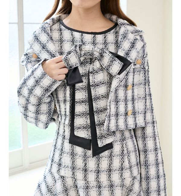  「リボンブローチセットツイードワンピ」|ワンピース|