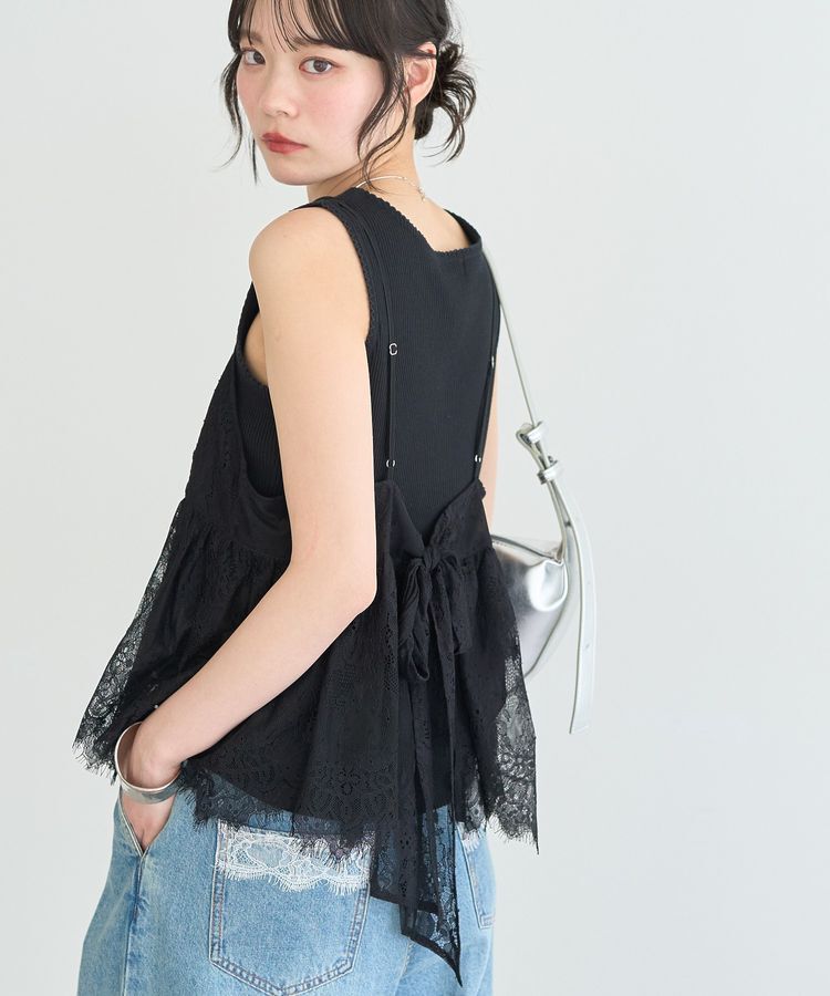 earth music&ecology「フリンジレースバックリボンキャミ」|キャミソール|Black