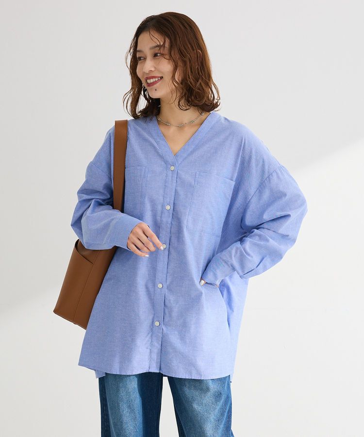 Green Parks「綿麻混Vネックオーバーサイズシャツ」|シャツ・ブラウス|Sax