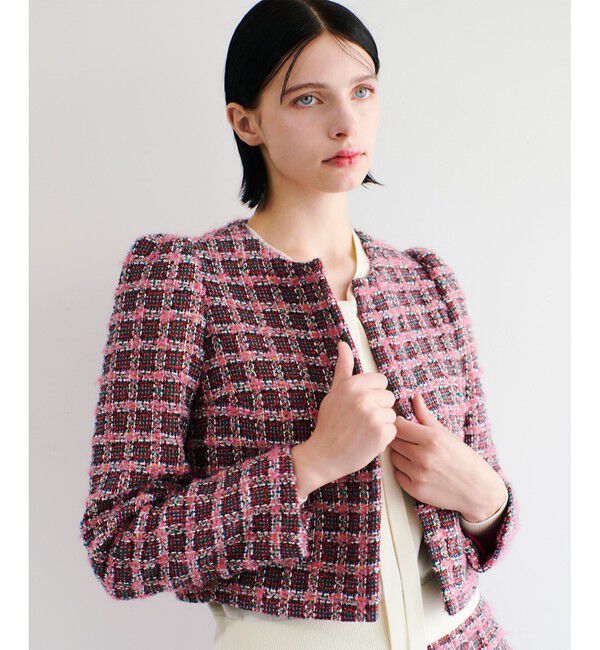 LOULOU WILLOUGHBY「【LOULOU WILLOUGHBY】TOURNIERツイードショートジャケット」|ノーカラージャケット|ピンク