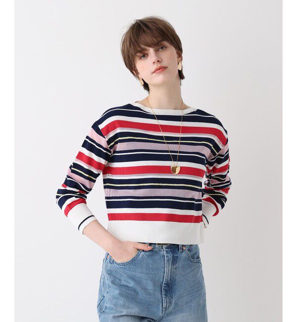 allureville「異素材ＭＩＸマルチボーダープルオーバー」|ニット・セーター|レッド系