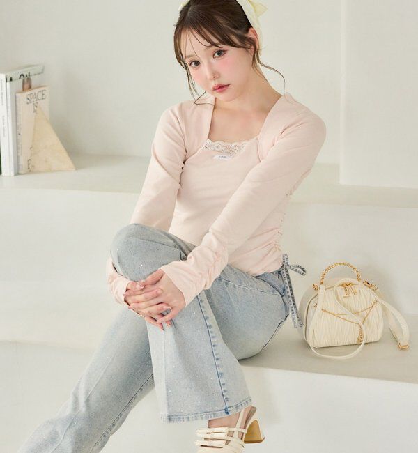  「【選べる4サイズ】サイドカットレース美脚ビジューデニム」|その他|