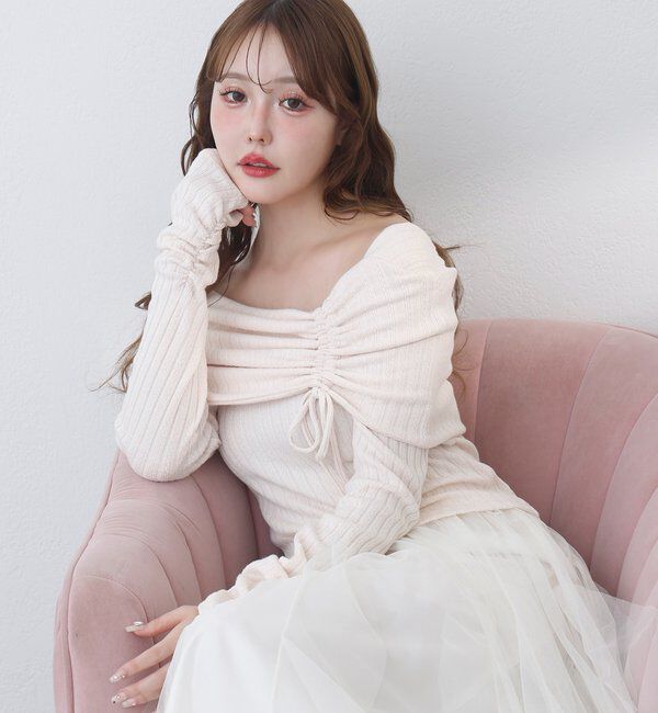  「ドロストリボンオフショルトップス」|プルオーバー|ピンク