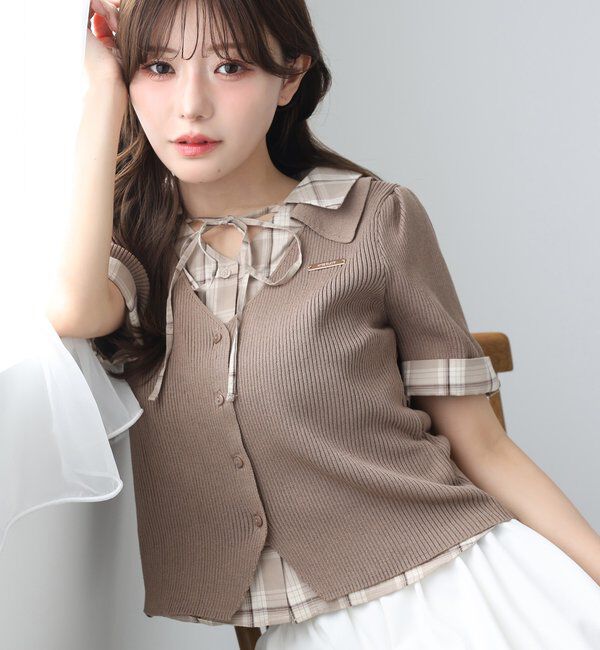  「シャツドッキング半袖ニット」|ニット・セーター|ブラウン