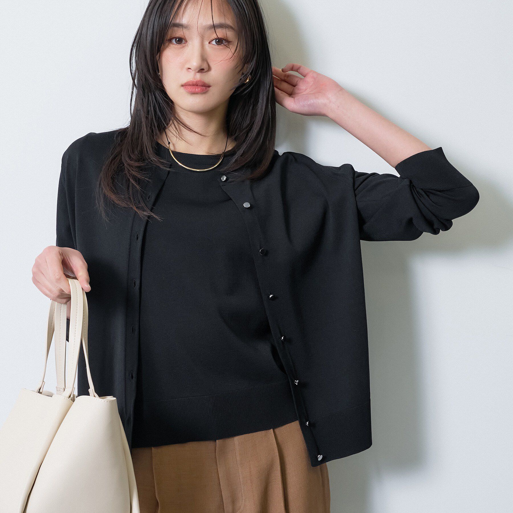 INDIVI「【UVケア/接触冷感／アンサンブル】丸首カーディガン＆袖スリット5分袖ニット」|その他|ブラック(019)