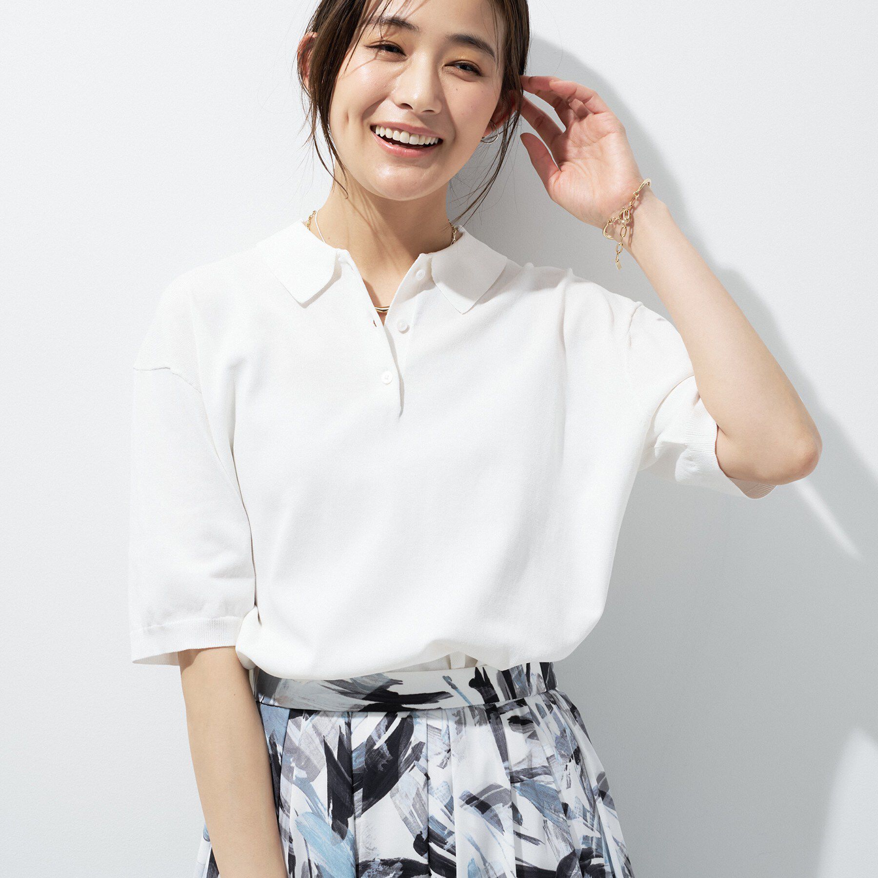 INDIVI「【洗える／コットン】ドライタッチさらりポロ衿ニットT」|ニット・セーター|ホワイト(001)