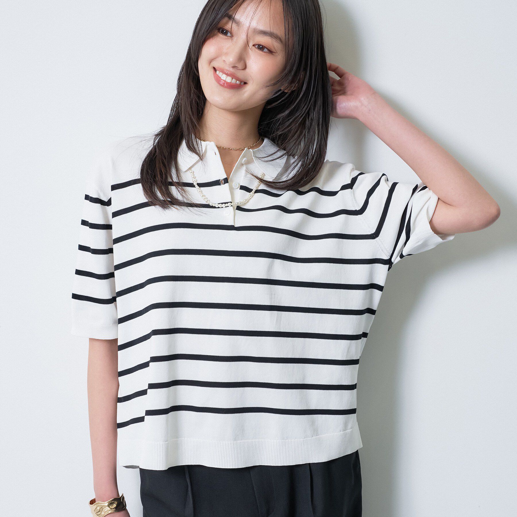 INDIVI「【洗える／コットン】ドライタッチさらりポロ衿ニットT」|ニット・セーター|