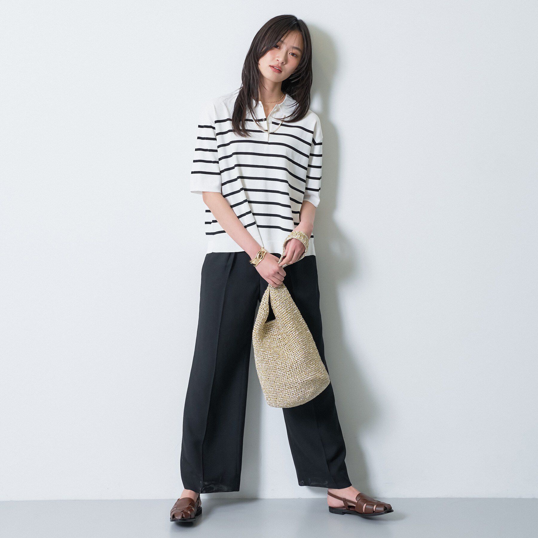 INDIVI「【洗える／コットン】ドライタッチさらりポロ衿ニットT」|ニット・セーター|