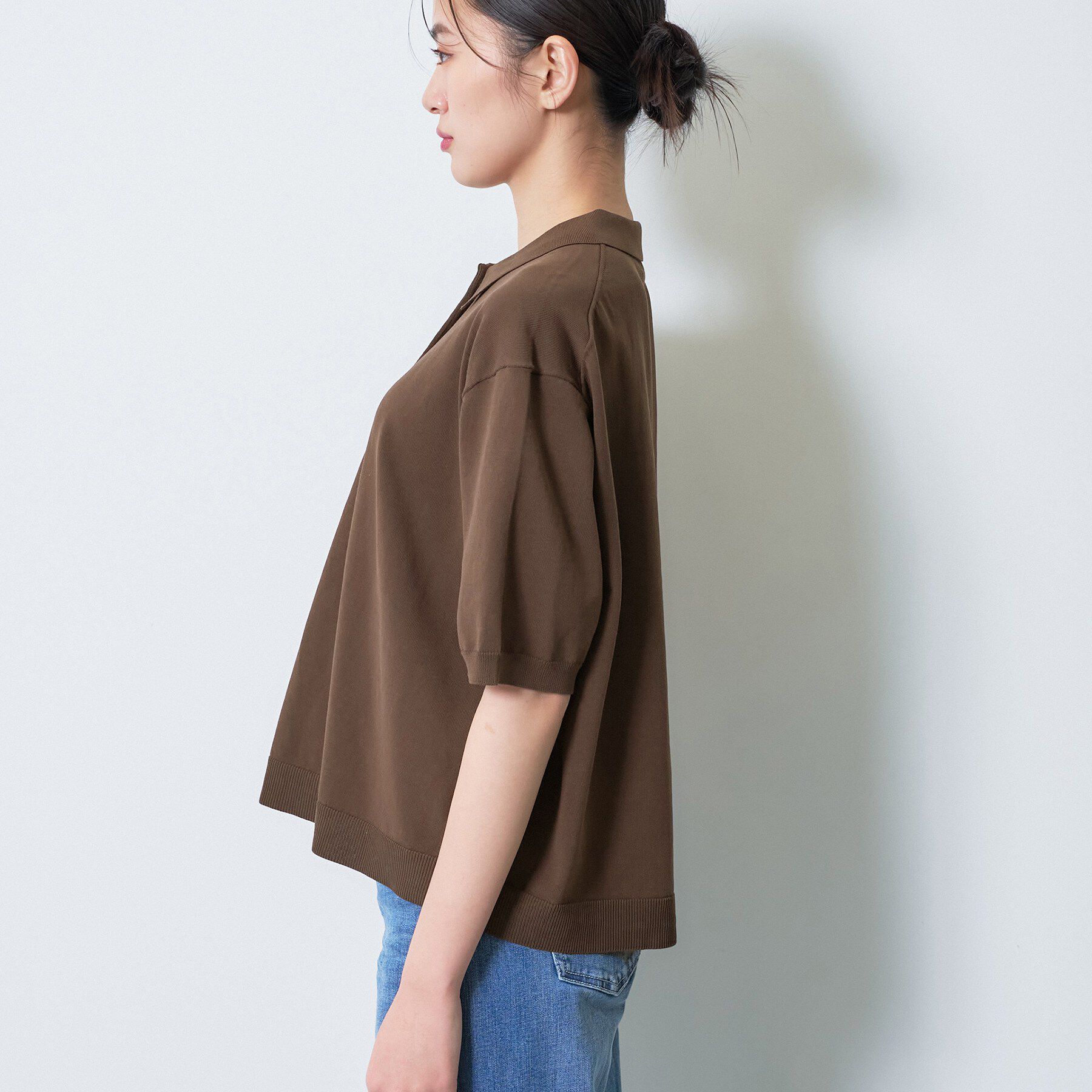 INDIVI「【洗える／コットン】ドライタッチさらりポロ衿ニットT」|ニット・セーター|