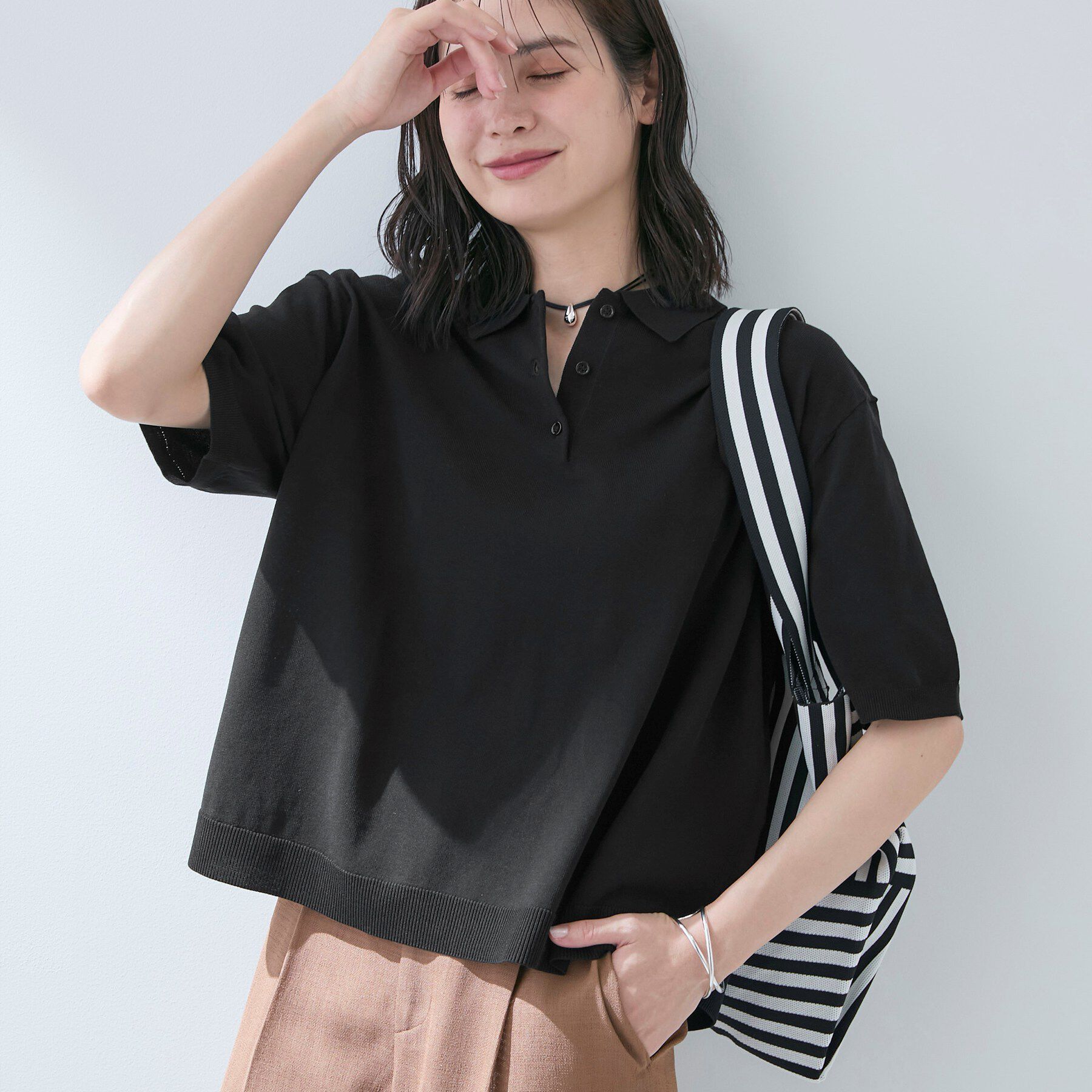 INDIVI「【洗える／コットン】ドライタッチさらりポロ衿ニットT」|ニット・セーター|